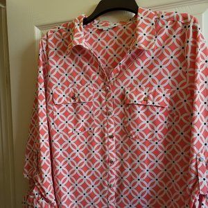 NOTATIONS Womens Blouse Button Down Large Coral Roll Tab Sleeve